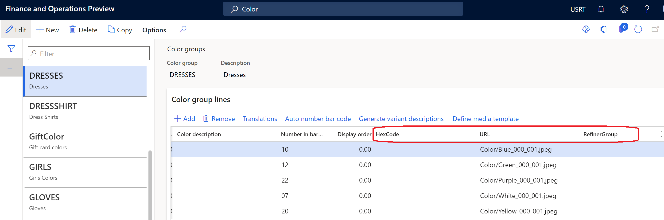 Ejemplo de configuración de dimensiones en la página Grupos de color.