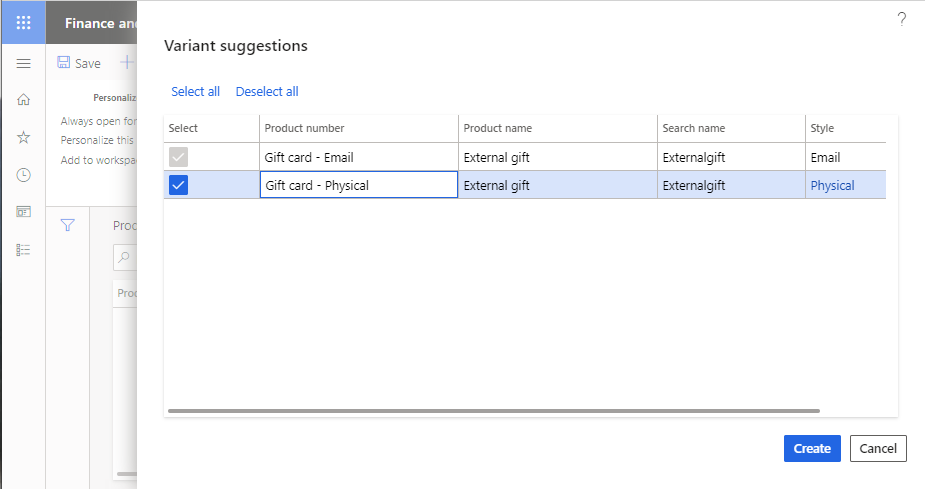 External gift card product variants.