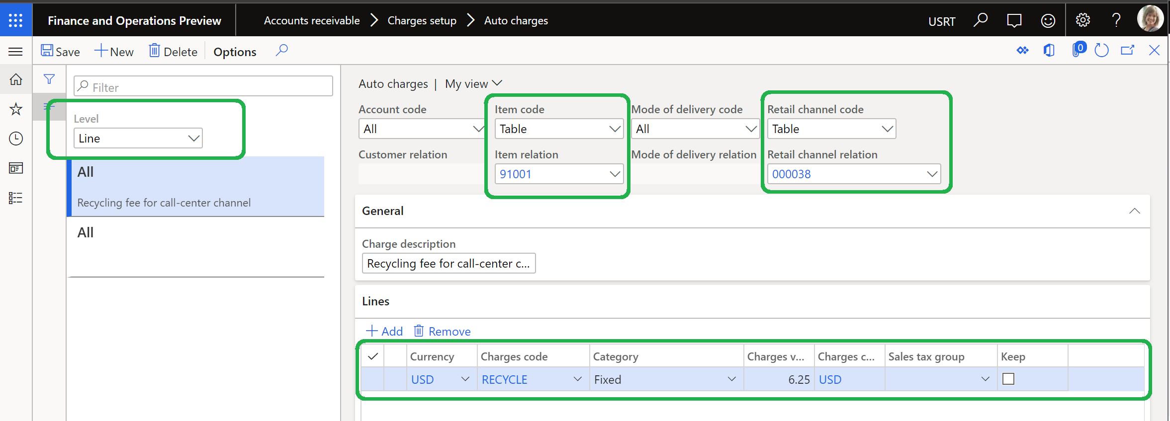 Configuración del cargo automática de nivel de línea y la línea de cargo automática.