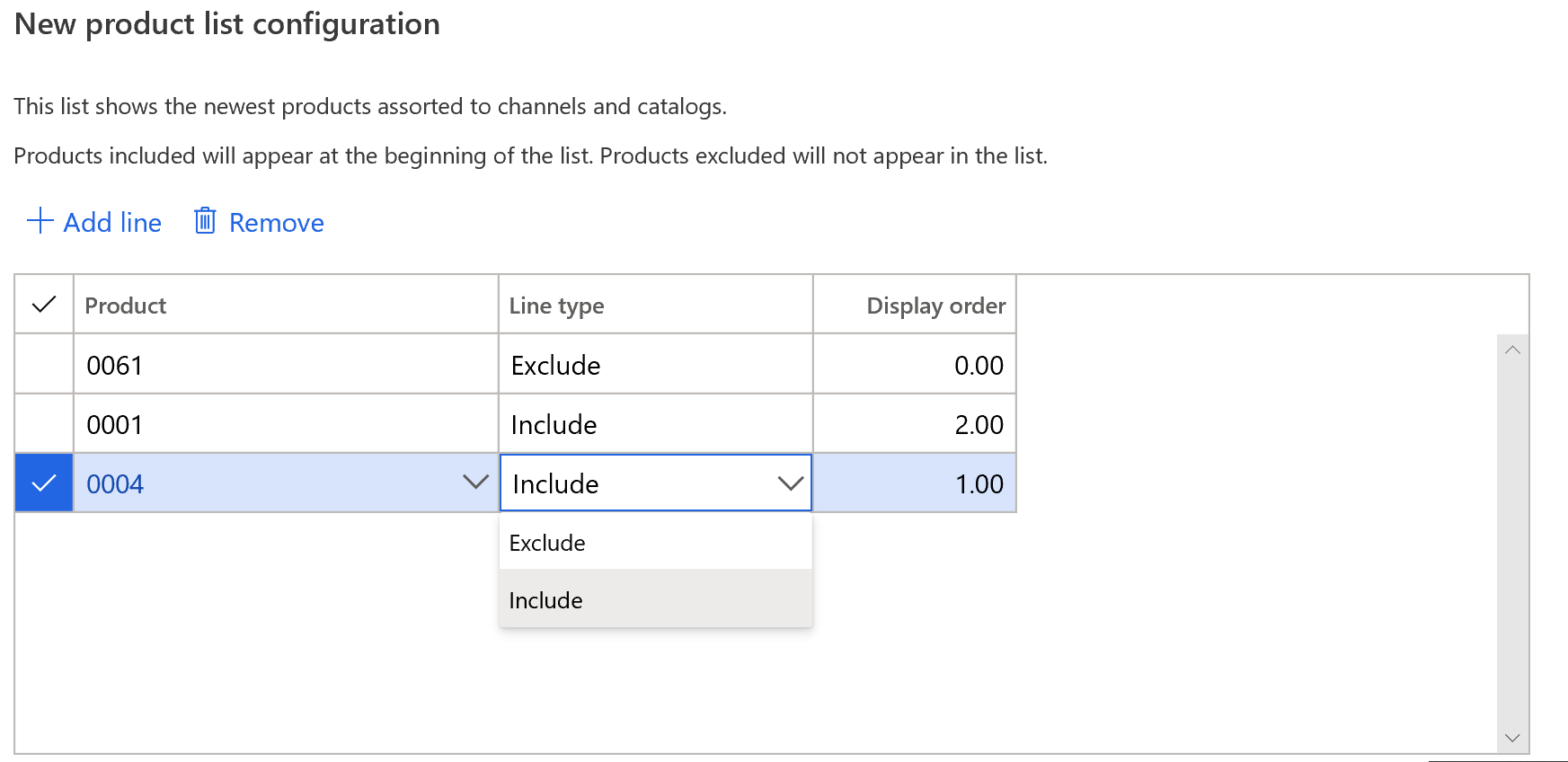 Ejemplo de inclusión o exclusión de un producto de la lista Nuevo producto.