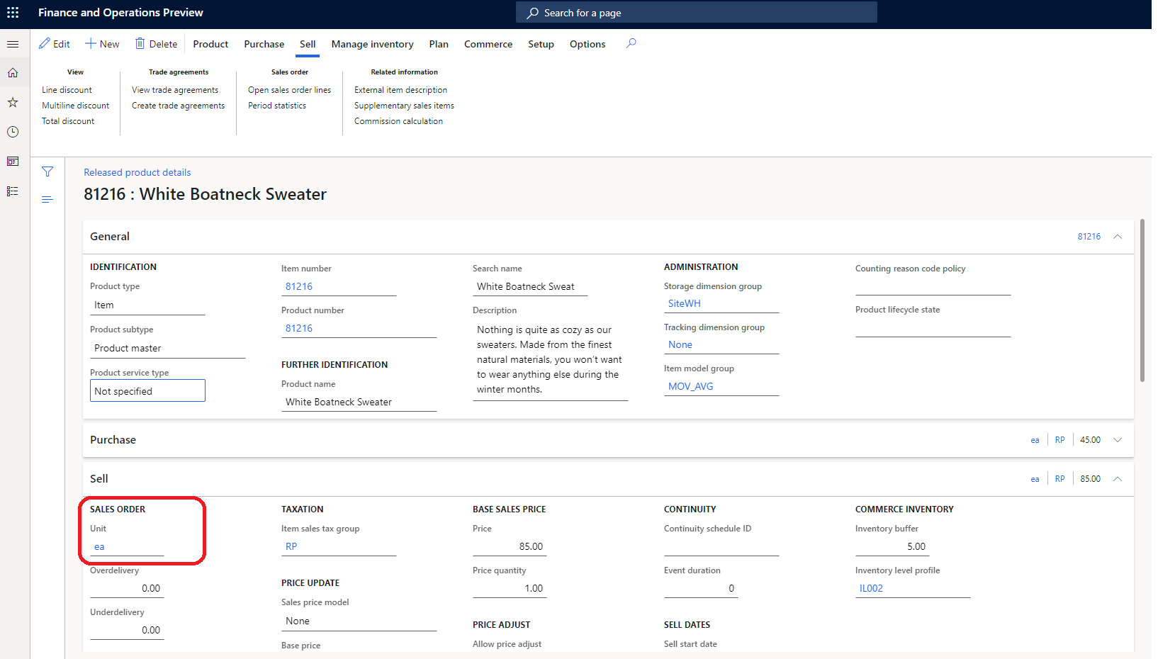 Ejemplo de un producto configurado con una unidad de medida en la sede de Commerce.