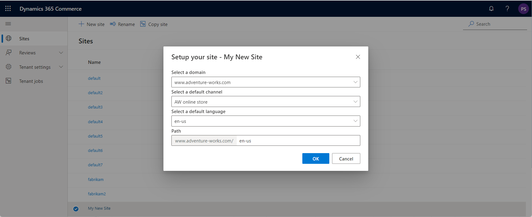 Setup your site dialog box in site builder.