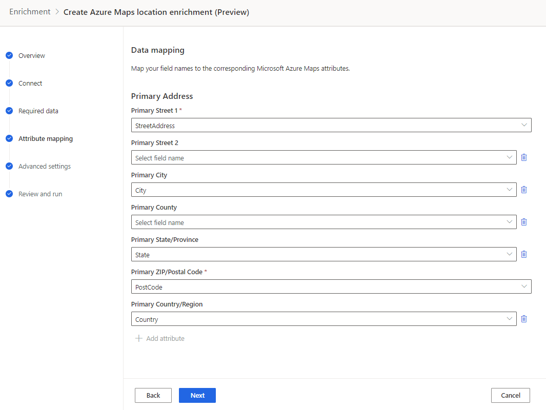 Asignación de atributos de Azure Maps.