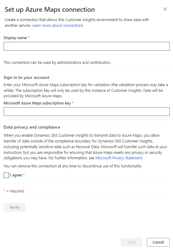 Página de configuración de conexión de Azure Maps.