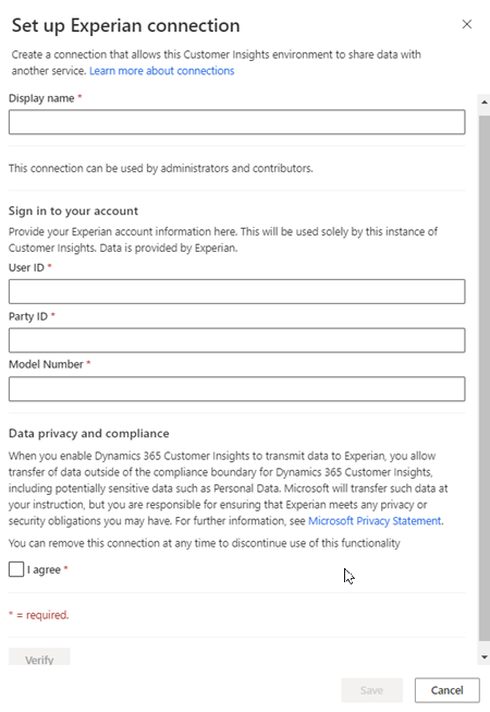 Panel de configuración de conexión de Experian.