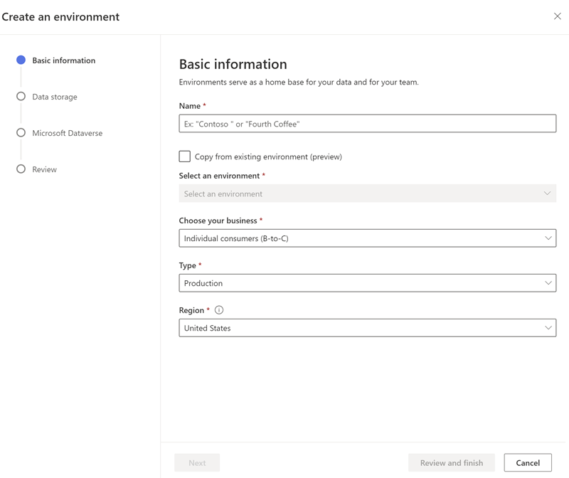 Captura de pantalla de las opciones de configuración en la configuración del entorno.