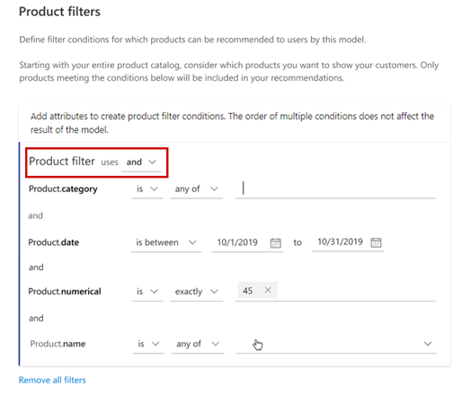 Ejemplo de configuración de filtros de producto combinados con conectores lógicos AND.