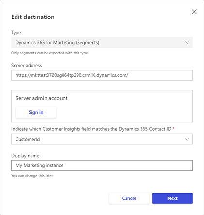 El cuadro de diálogo de Editar destino en Customer Insights - Data.