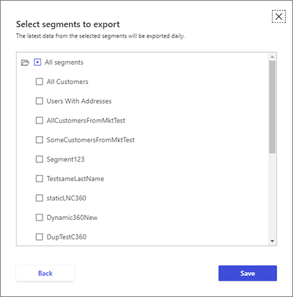 El cuadro de diálogo Seleccionar segmentos en Customer Insights - Data.