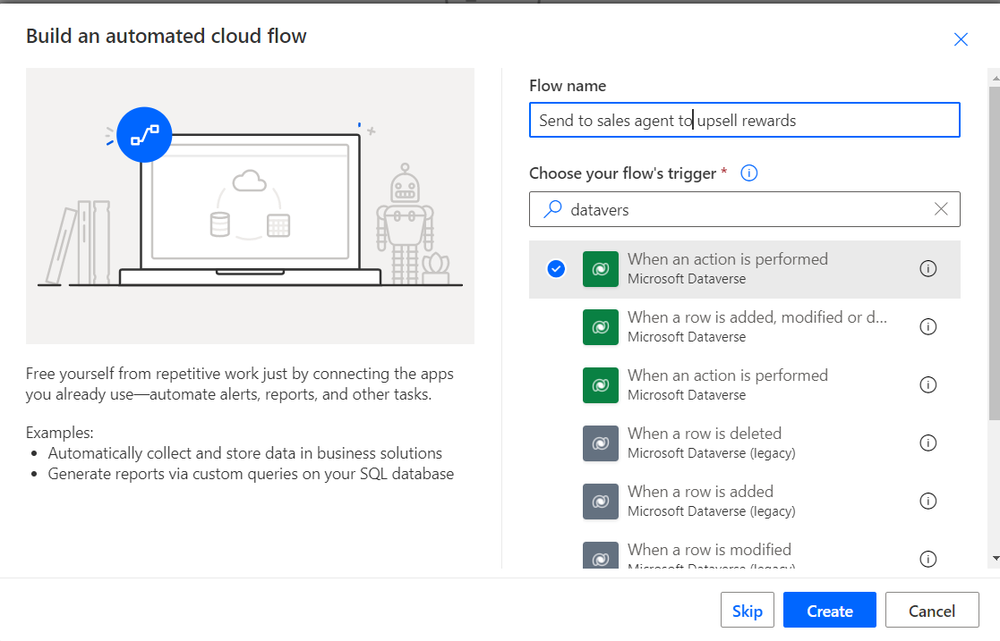 Captura de pantalla de la creación de un nuevo flujo de Power Automate.