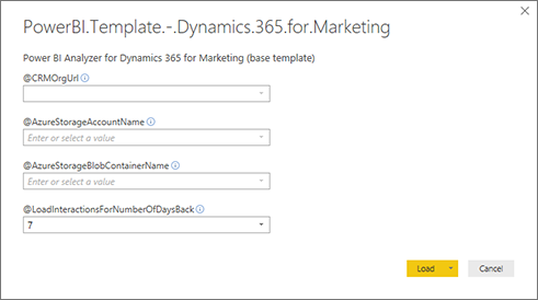 Cuadro de diálogo de conexión para conectar la plantilla de Power BI a los orígenes de datos correspondientes.