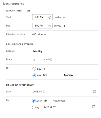 Configuración de periodicidad de eventos.