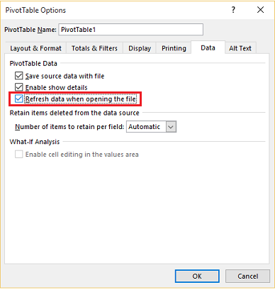 Opciones de tabla dinámica en Excel.