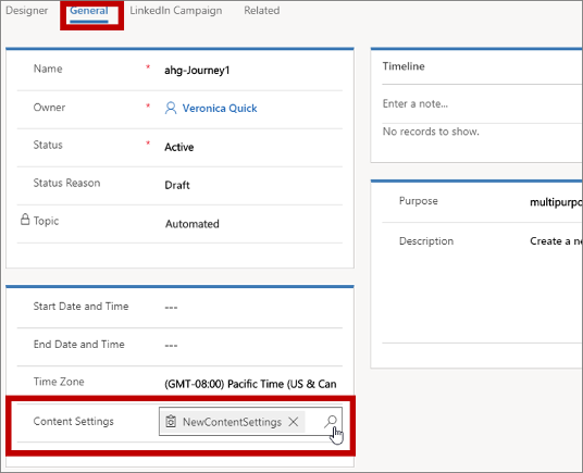 Donde establecer la configuración de contenido para un recorrido.