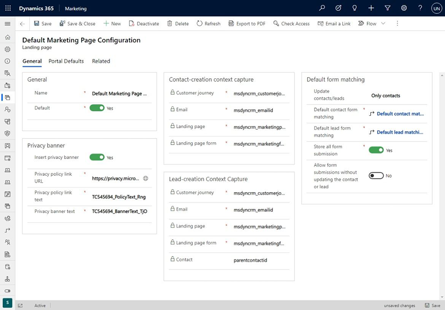 La página Configuración de página de marketing.