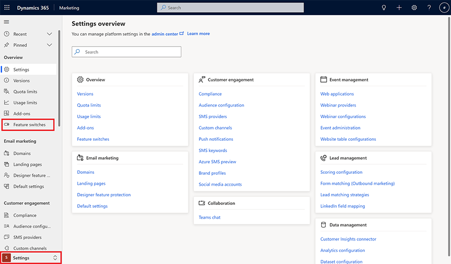 Seleccione cambios de características en la configuración.