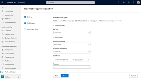 Captura de pantalla de configuración de la aplicación móvil única.