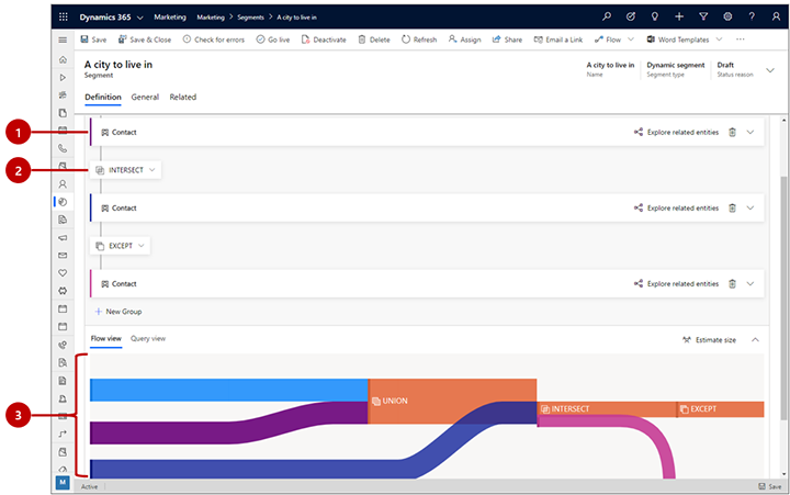 Elementos de la UI del diseñador de segmentos para combinar bloques de consulta.