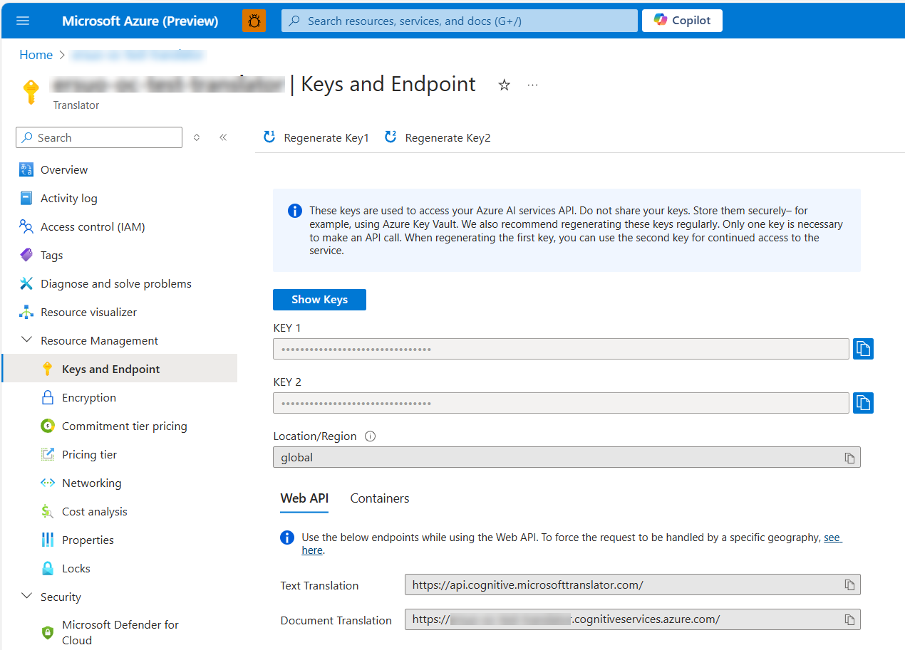 Captura de pantalla de la configuración de los servicios de traducción de Azure punto de conexión como globales