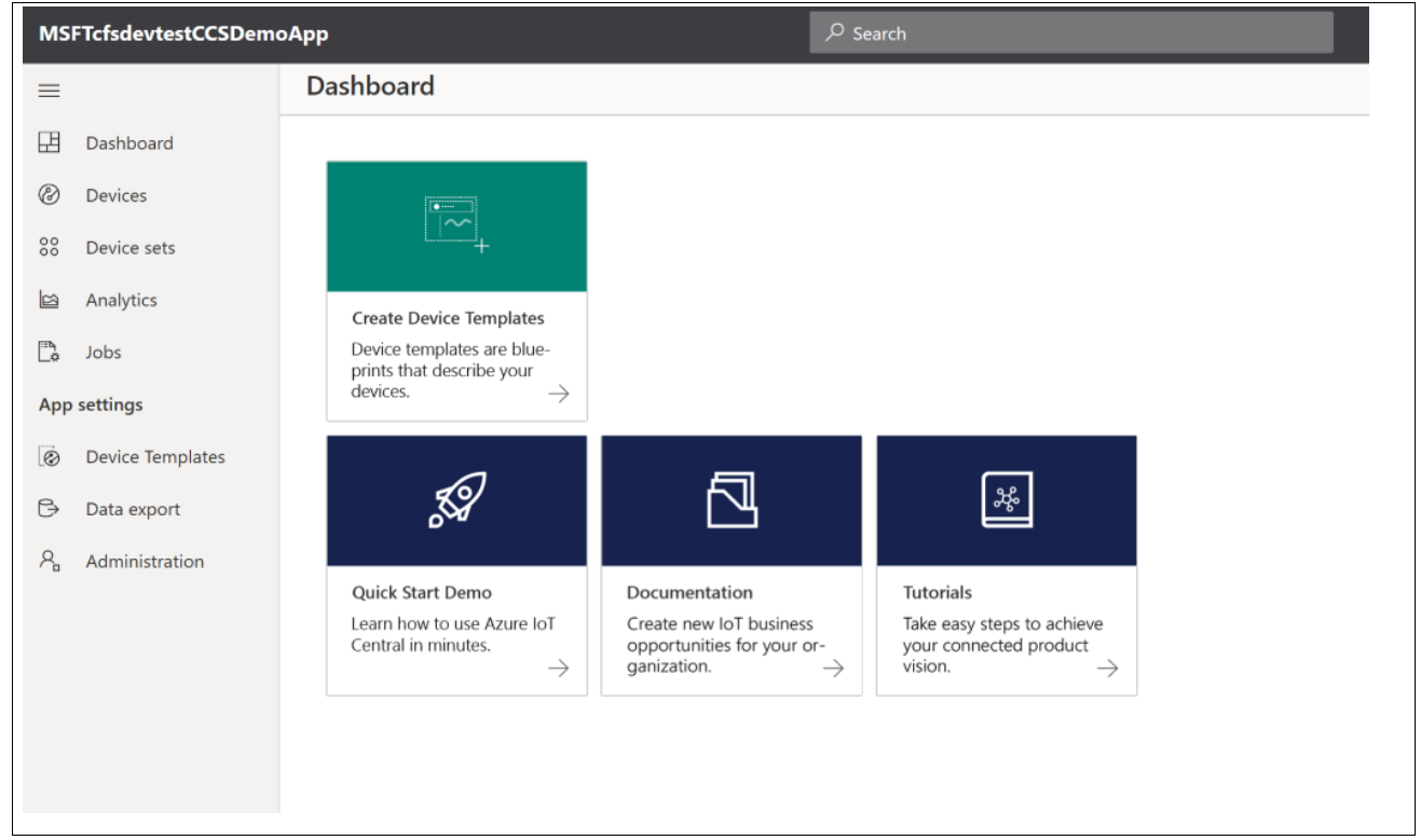 Página de inicio de la aplicación para Azure IoT Central.