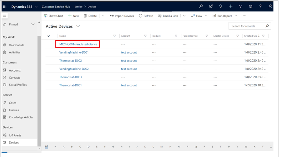 Captura de pantalla de una lista de dispositivos IoT en Connected Customer Service.