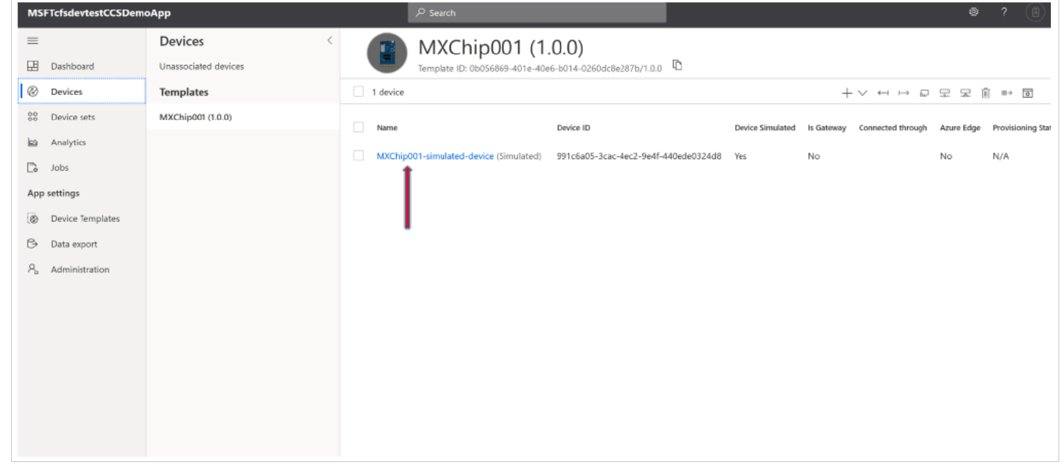 Captura de pantalla la lista de dispositivos en IoT Central.