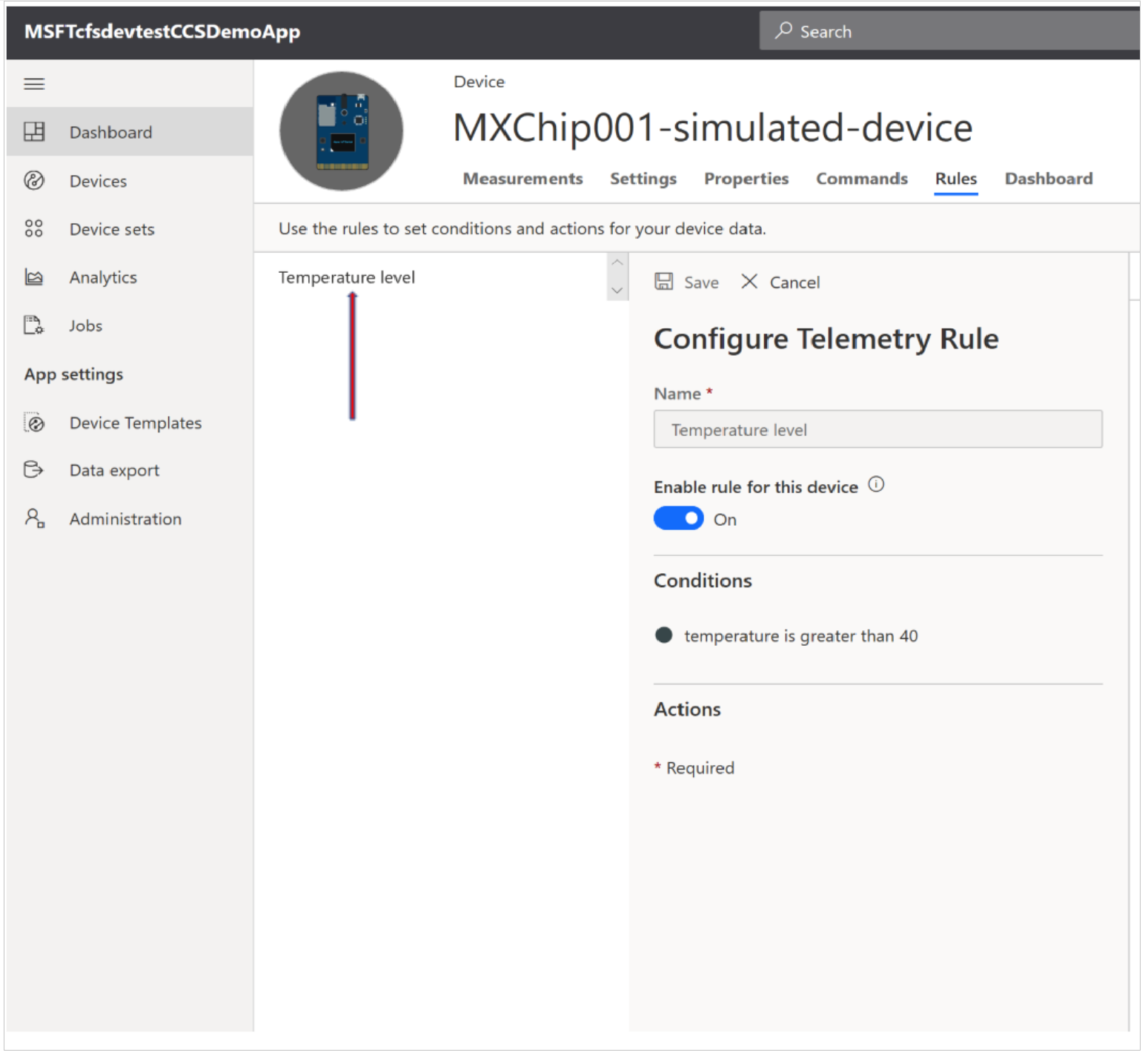 Captura de pantalla de la pestaña de reglas en IoT Central