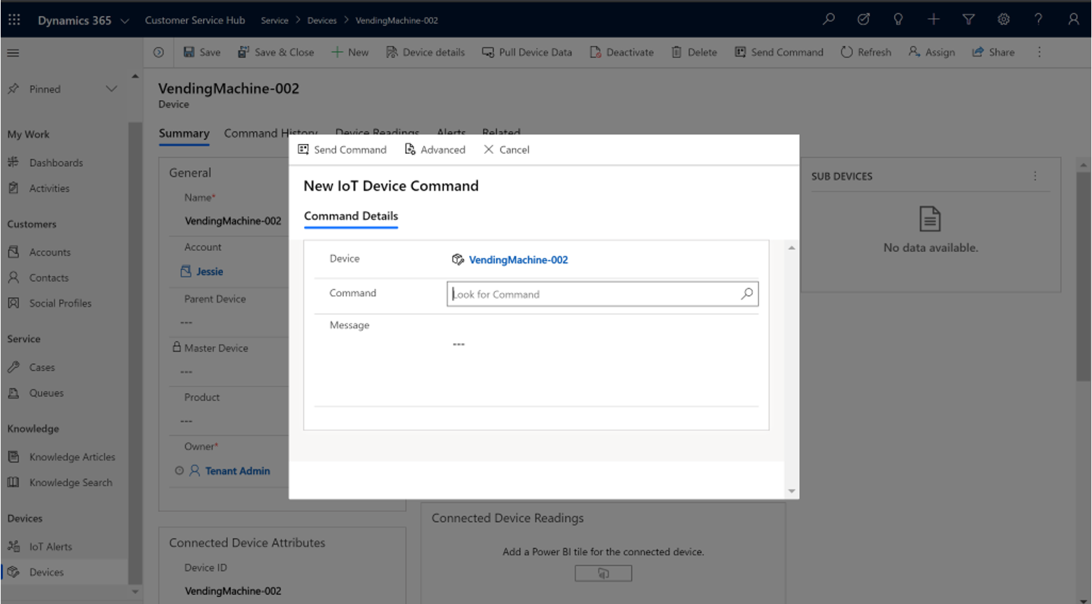 Captura de pantalla de un comando enviado a un dispositivo IoT.