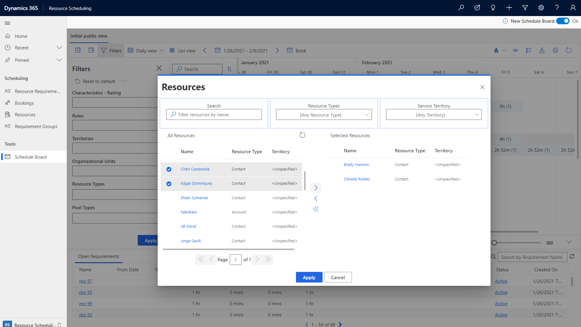 Captura de pantalla del cuadro de diálogo de recursos en el tablero de programación en Customer Service.