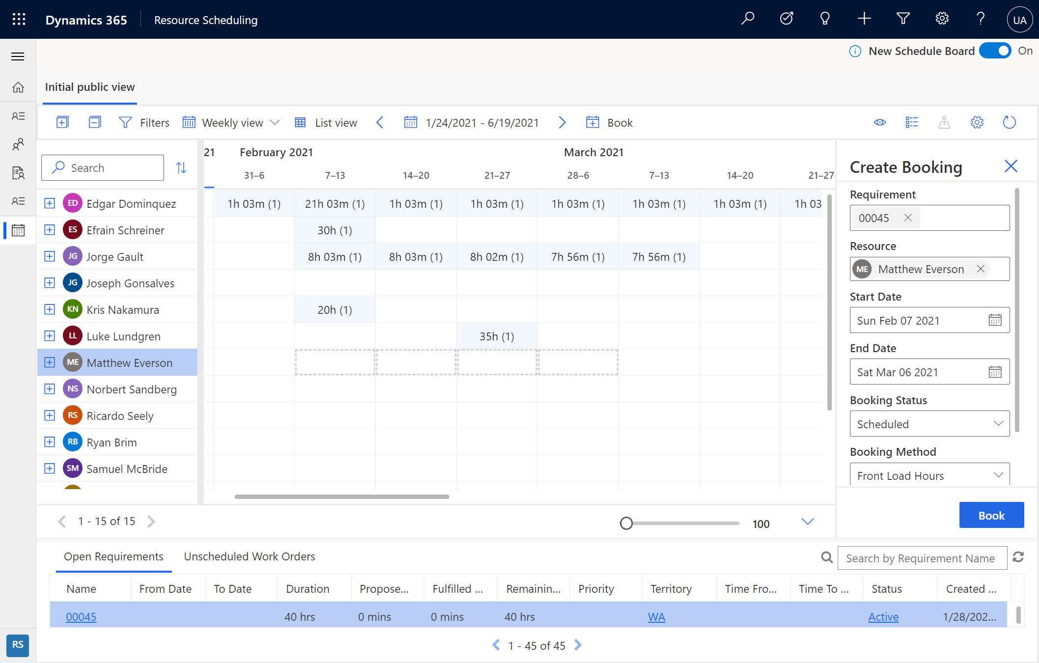 Captura de pantalla de la vista semanal del nuevo tablero de programación en Customer Service.