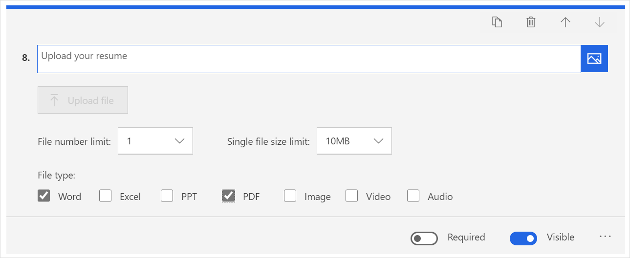 Configuración de la pregunta de carga de archivos.