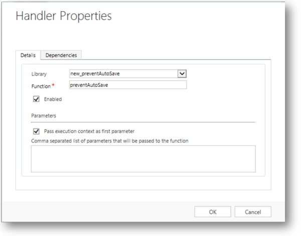 Controlador de eventos OnSave para impedir el autoguardado en Dynamics 365 for Customer Engagement.