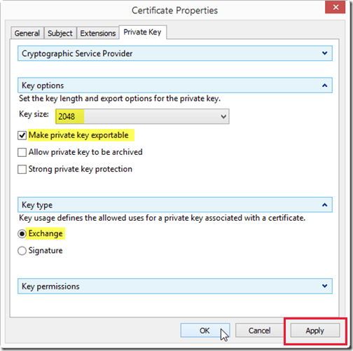 Propiedades certificadas para tipo de clave