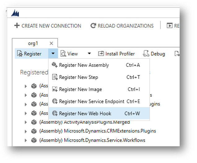 Muestra la opción de menú para registrar un nuevo webhook. El método abreviado de teclado es Ctrl+W.