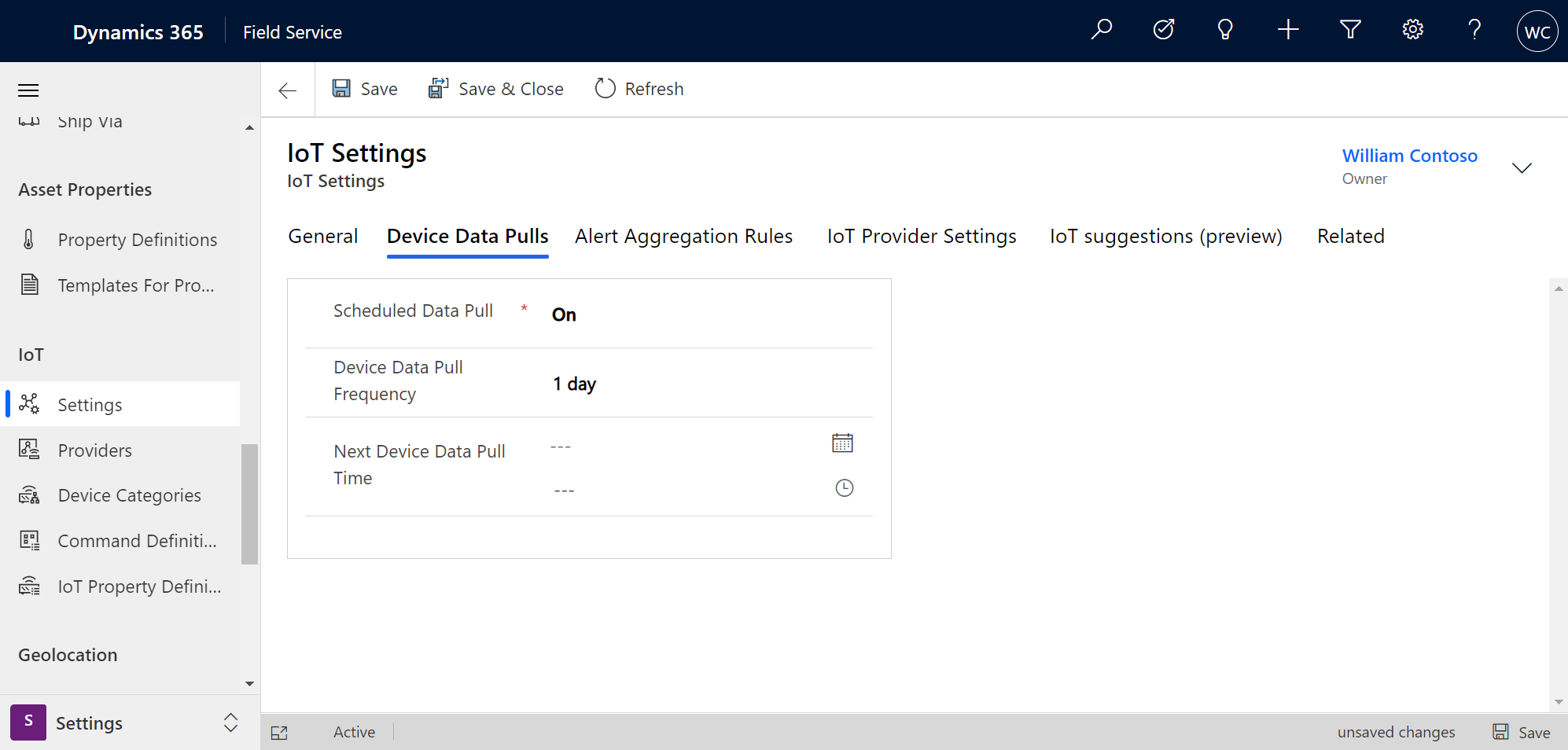 Captura de pantalla de la configuración de IoT, en la pestaña extracción de datos del dispositivo.