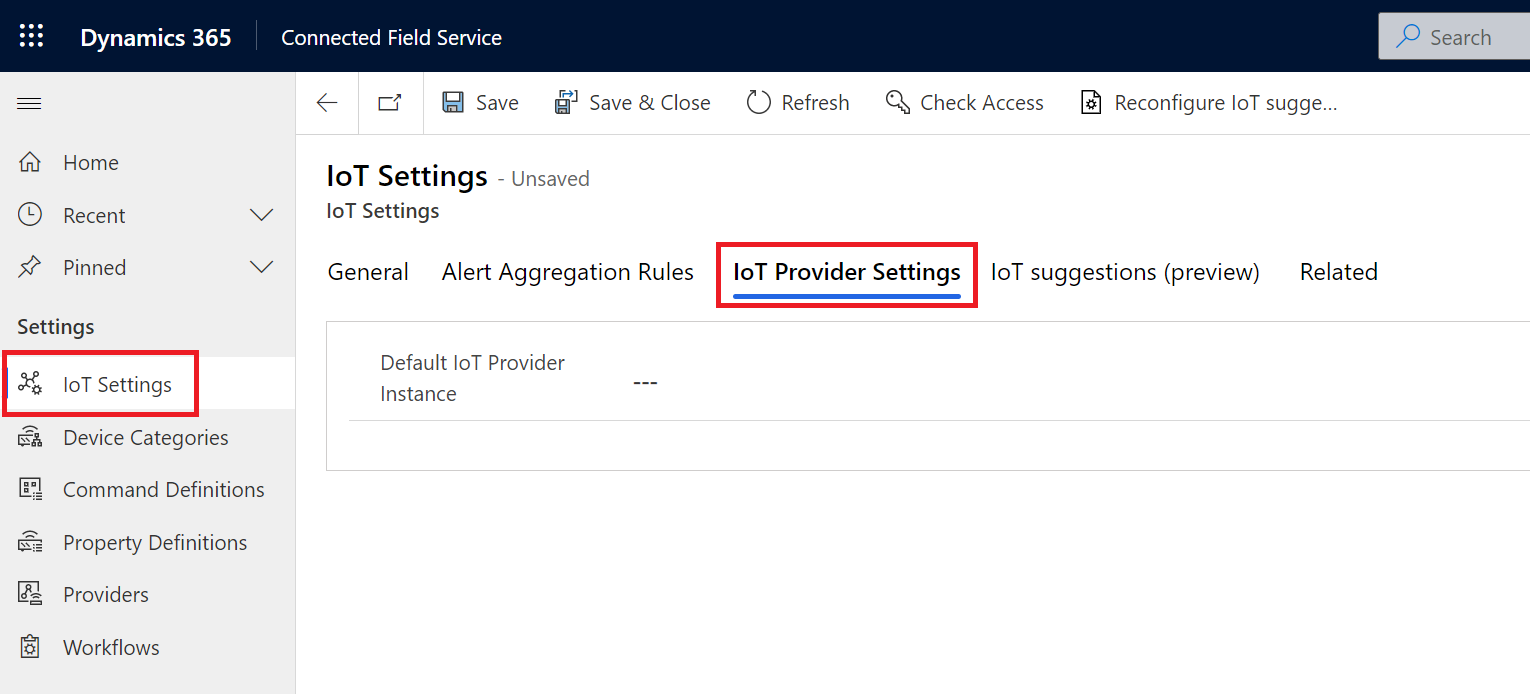 Captura de pantalla de la página de configuración de IoT.