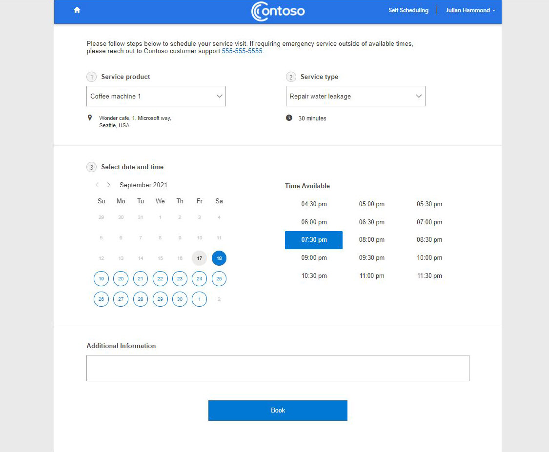 Página de autoprogramación del portal de experiencia del cliente, que muestra las opciones de reserva.