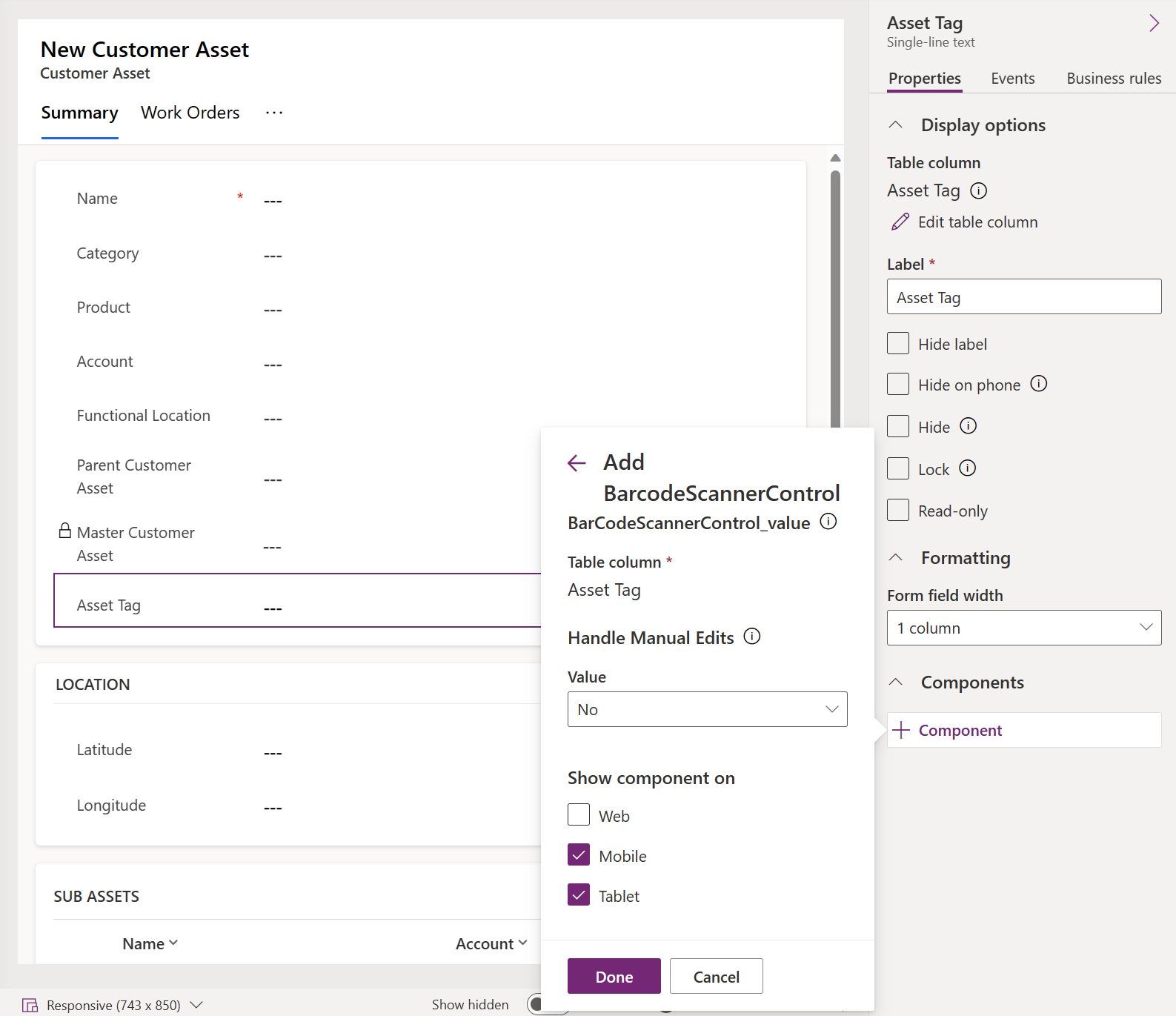 Captura de pantalla del diseñador de aplicaciones Power Apps con BarcodeScannerControl abierto.