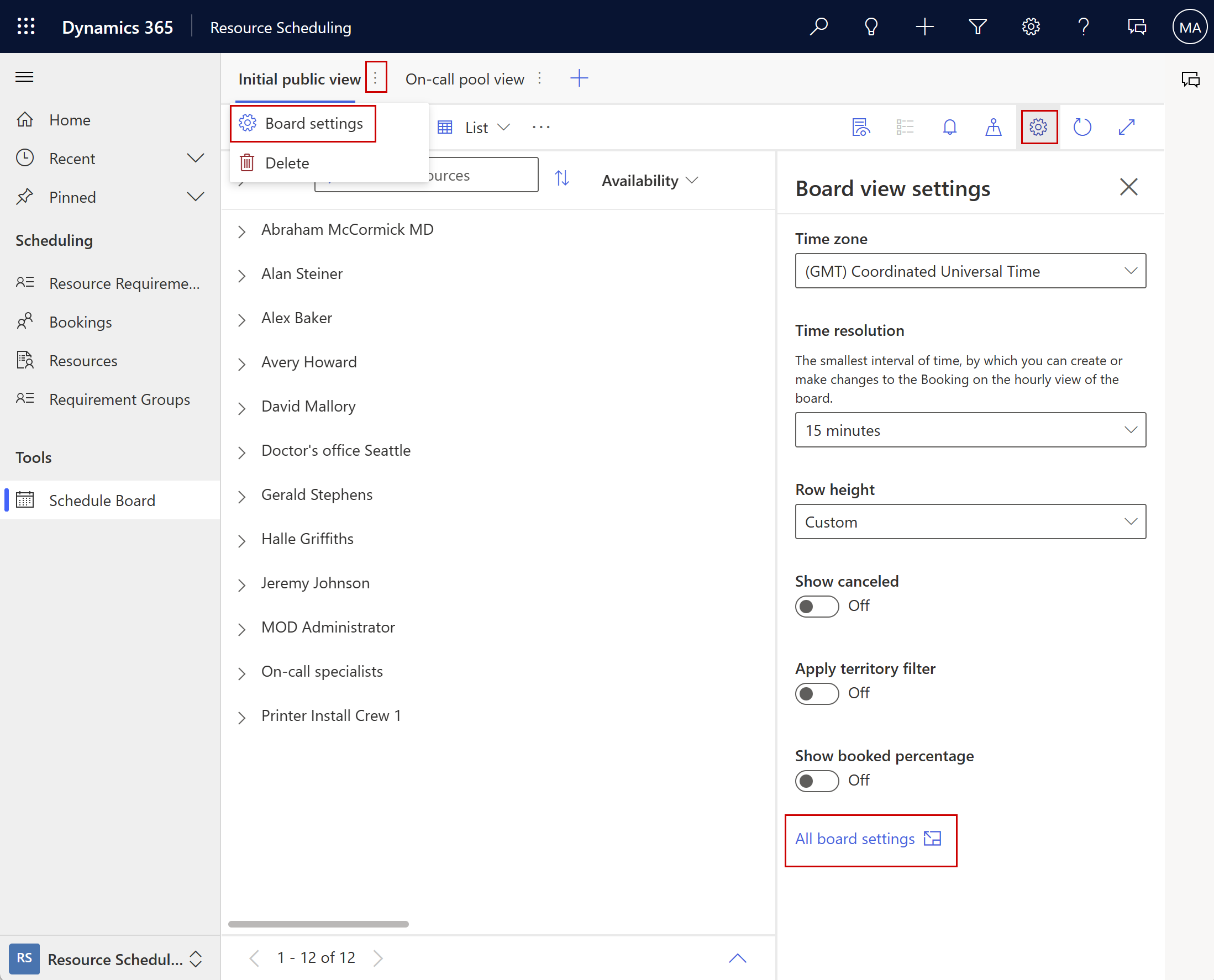 Captura de pantalla del acceso a la configuración de pestañas del tablero de programación.