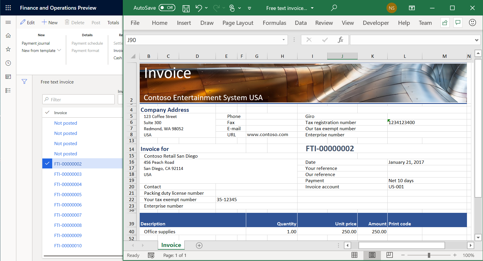 Factura de servicios en Excel.