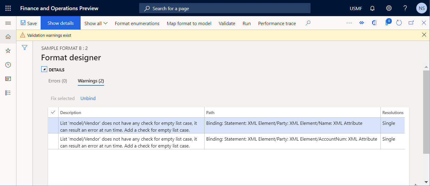 Error de validación sobre un posible error para los componentes de formato configurados.