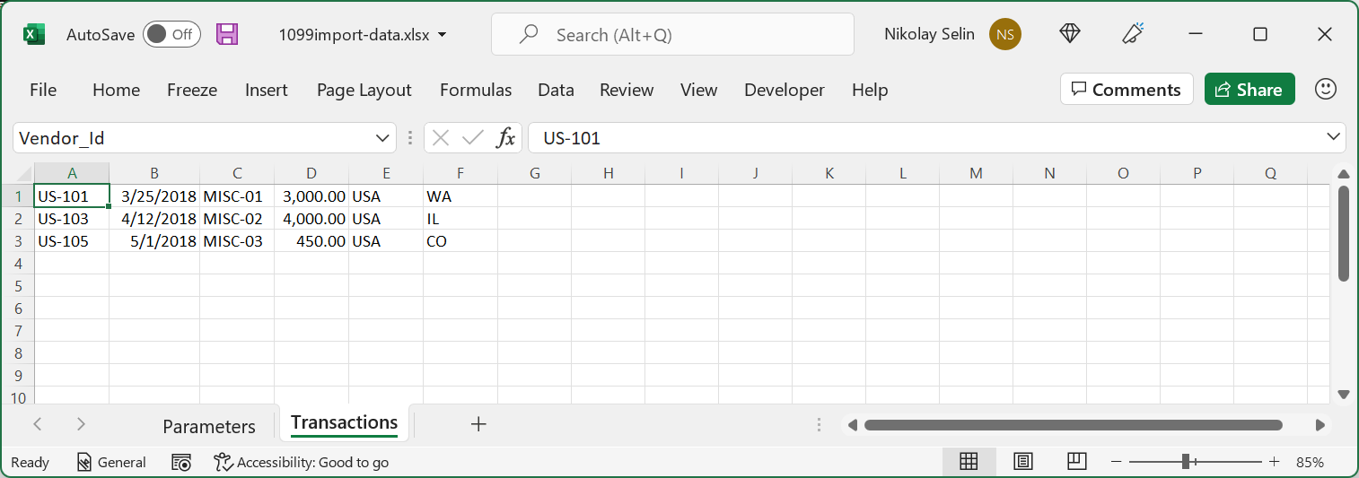 Ejemplo de archivo de Excel con datos para importar en modo por lotes.