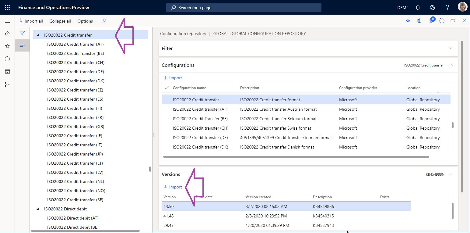 Importación del formato de pago de ER en la página Repositorio de configuración.