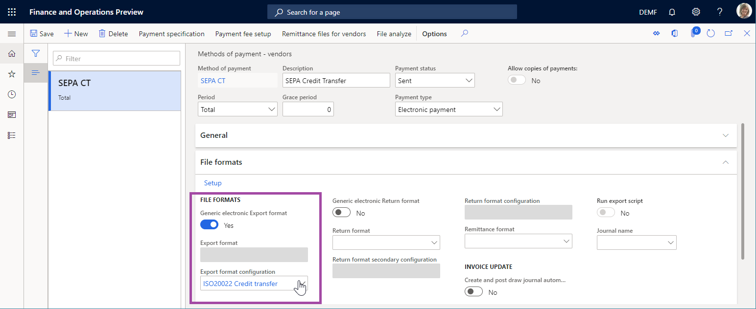 Configuración de formatos de archivo en la página Métodos de pago.