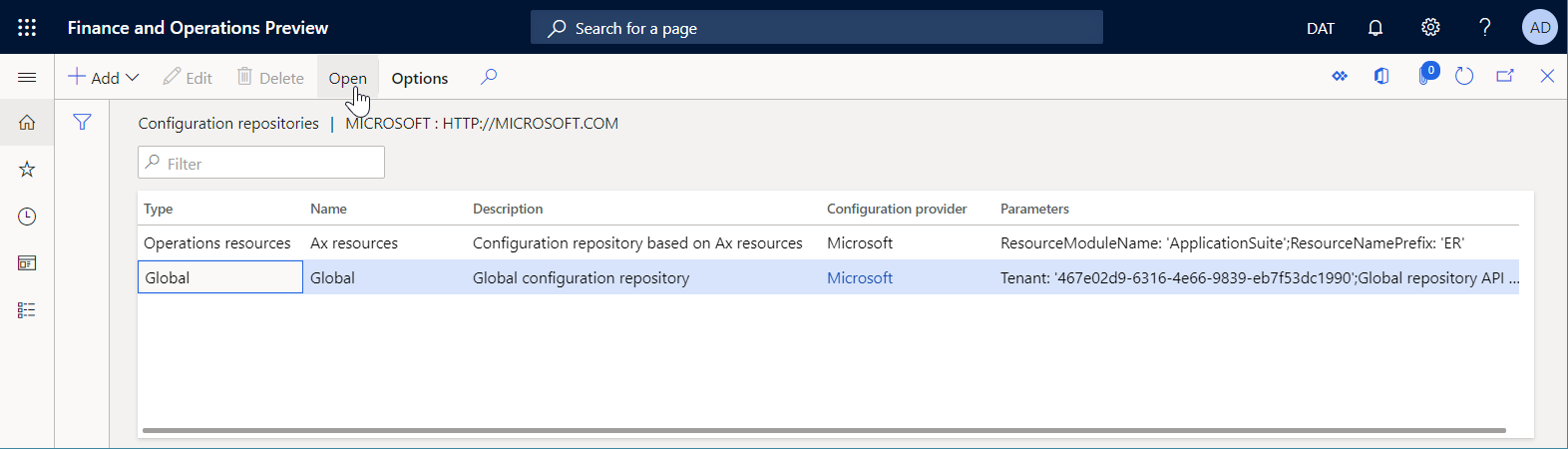 Página de repositorios de configuración.