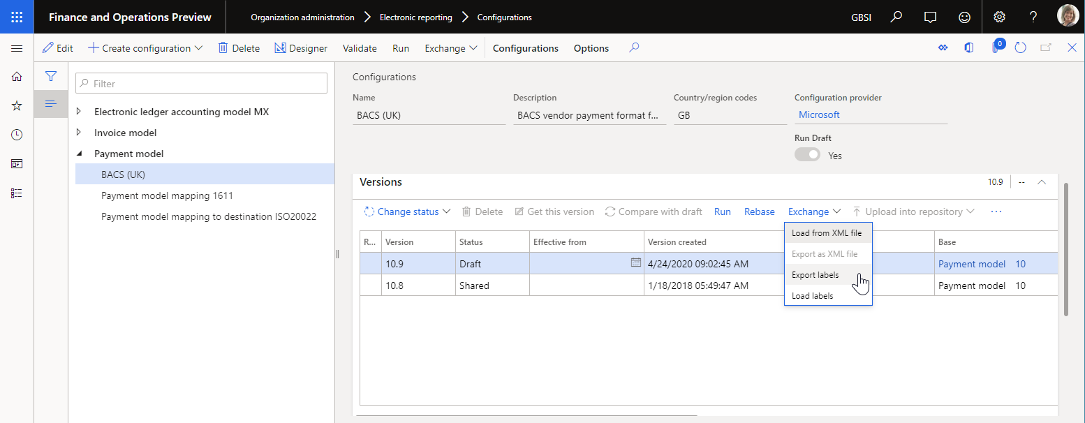 Página de configuraciones de ER que permite exportar etiquetas de ER desde la versión de configuración seleccionada.