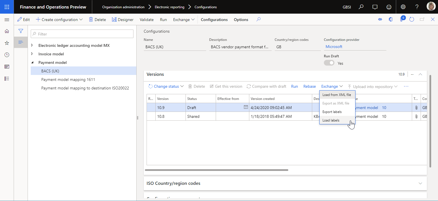 Página de configuraciones de ER para importar etiquetas de ER a la versión de configuración seleccionada.