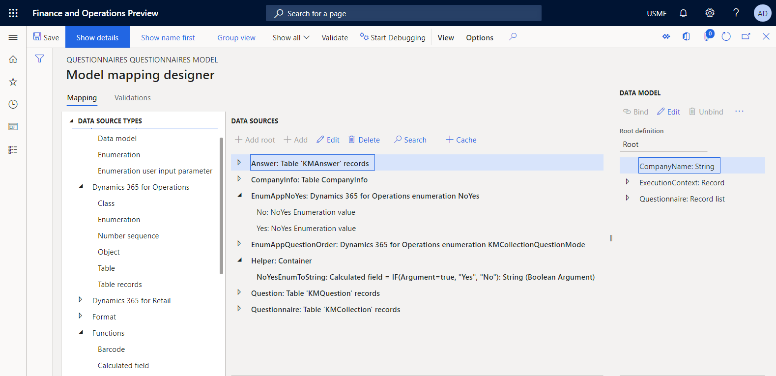 Asignación de datos configurada en el diseñador de asignación de modelo de ER.