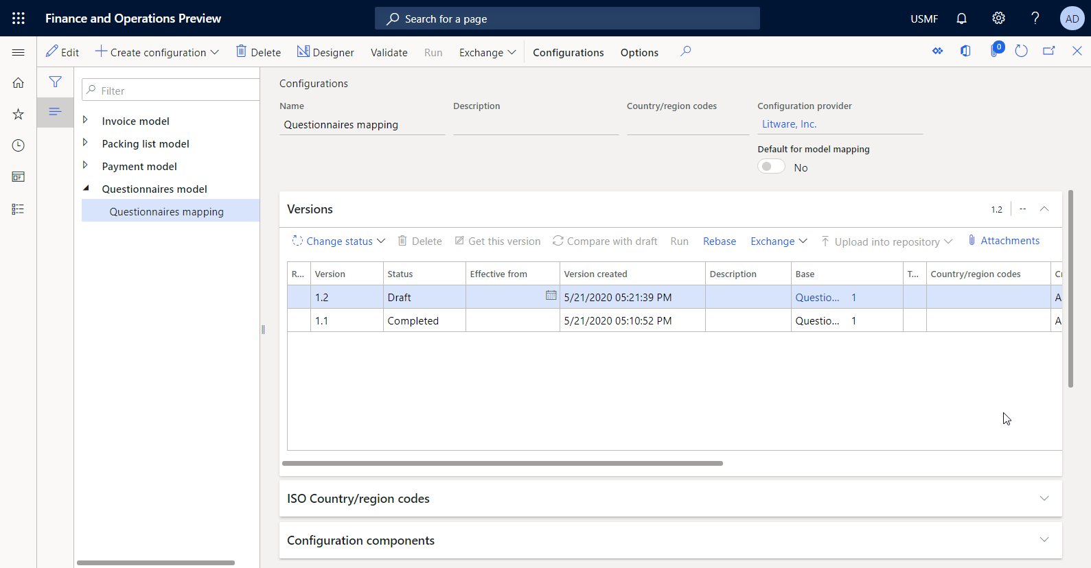 Versiones de la configuración de ER editable en la página Configuraciones.