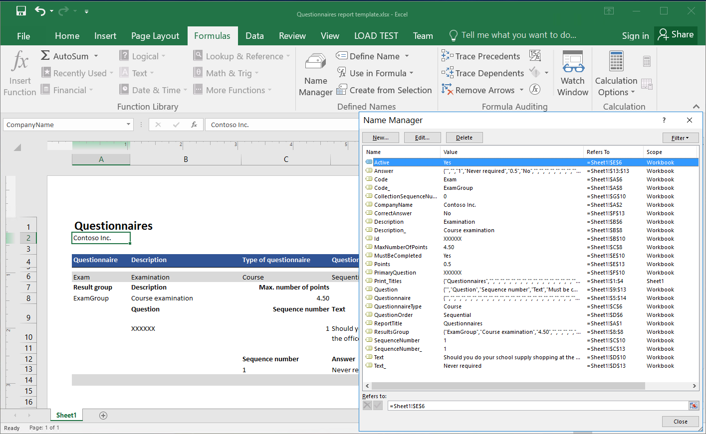 Uso del Administrador de nombres para revisar los nombres de Excel en la plantilla de Excel proporcionada.